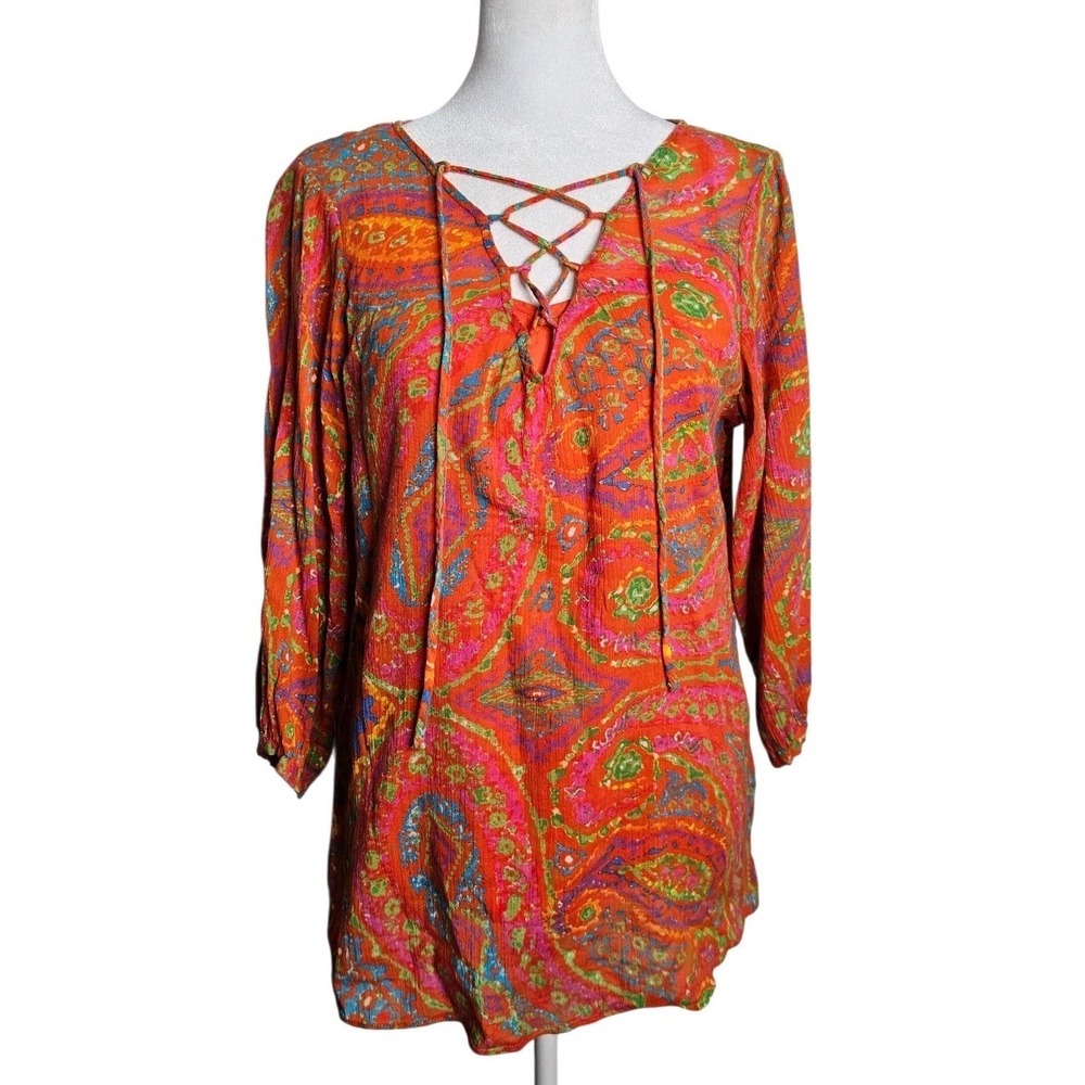Ralph Lauren Jeans Lace Up Front Orange Paisley Blouse Sz S Boho Vibrant Flowy